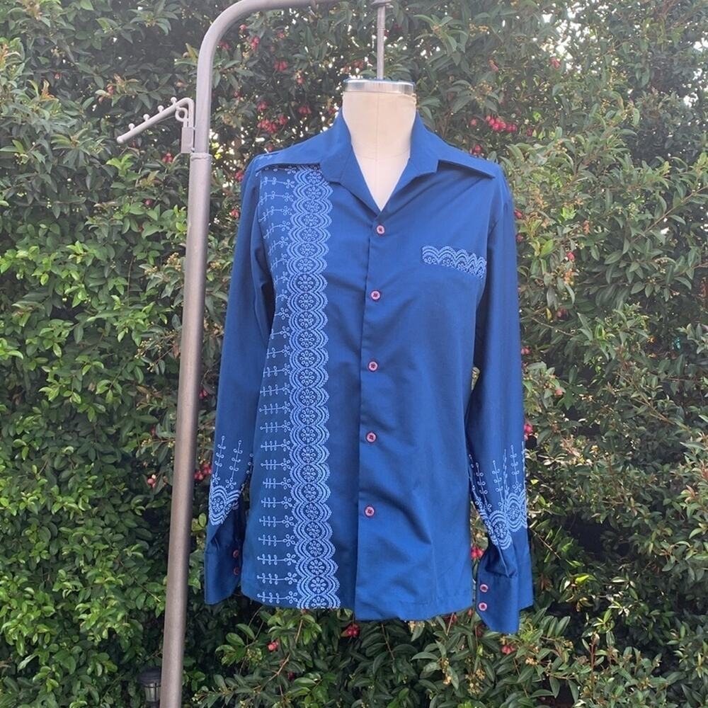 Vintage Velvet Touch Button-Down Shirt – 70s Vibes Blue Men’s 1970s Embroidered - Picture 2 of 9